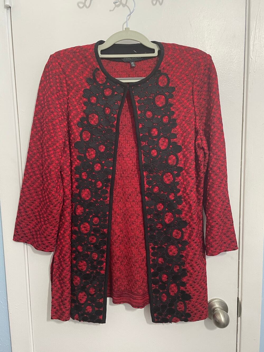 Ming Wang Marled Knit Cardigan Sweater XS Red Black Embroidered Valentines NWT